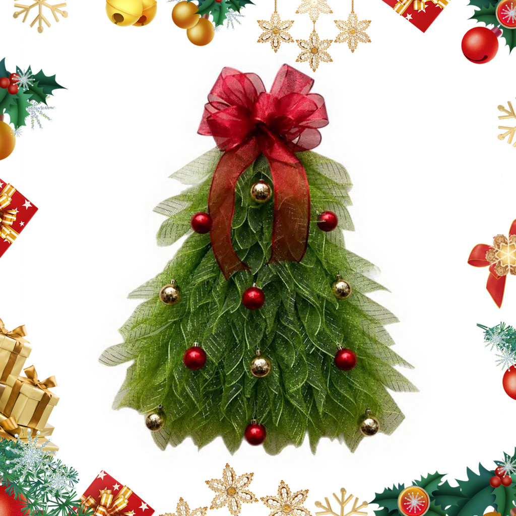 Tree Shaped Door Hanging Christmas Swag Handmade Wreath for Front Teardrop with Lights Bow Berries Festive Holiday Decor