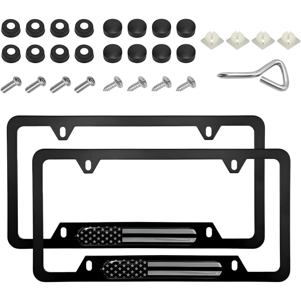 2 PCS Car License Plate Frame, American Flag Patriotic Car Tag Plate Holder with Screws Set, Aluminum Alloy Rustproof US