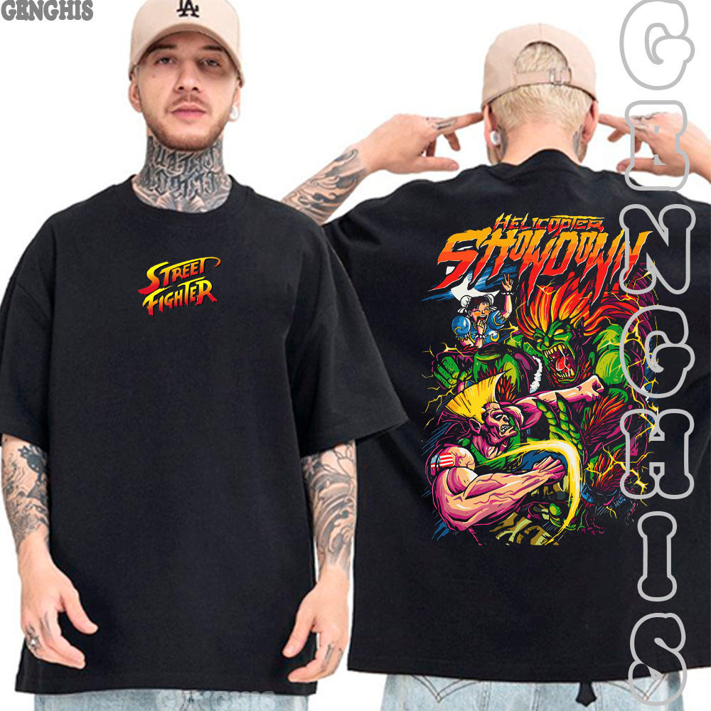 Camiseta Street Fighter Helicopter Showdown Retro Game Luta Camisa Basica e Oversized Unissex