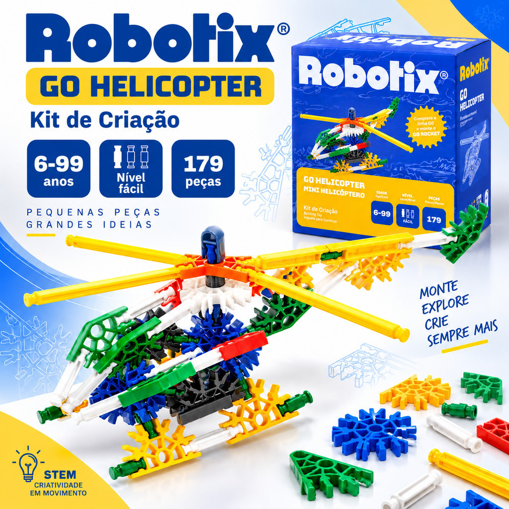 Robotix GO Helicopter Kit De Montar 179 Peças Mini Helicóptero Brinquedo Educativo De Construção 6+ Anos