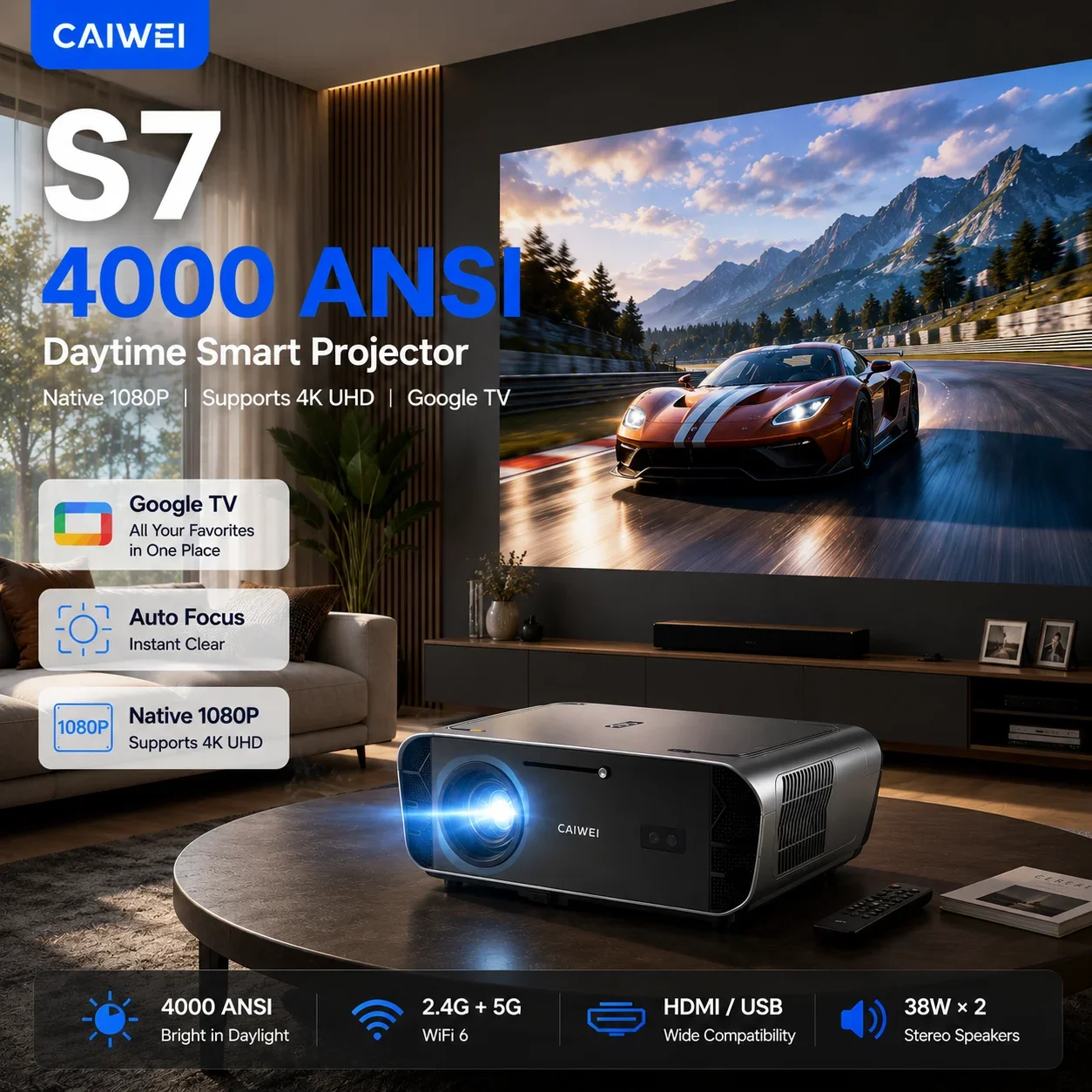 4000ANSI 4K S7 Daytime Projector Ultra HDMI USB Google TV 2.4+5G Wifi Auto Focus Beamer Smart Video Movie Home Theater Projector