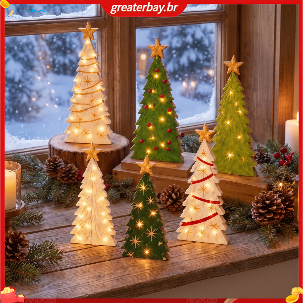 6pcs Led Wooden Christmas Tree Decorations Vintage Warm Light Xmas Figurines for Tabletop Mantel Window Shelf – Festiv