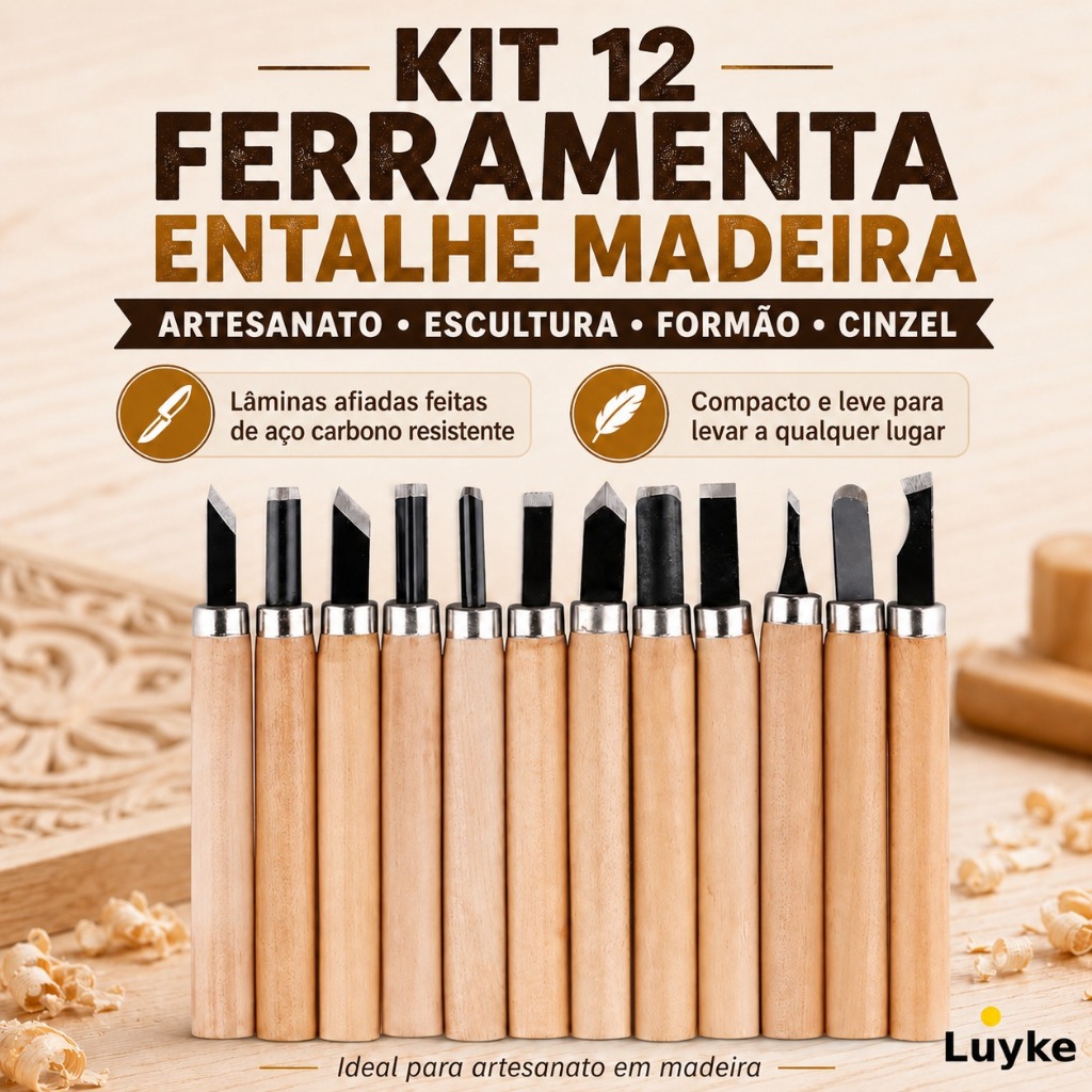 Kit 12 Ferramenta Entalhe Madeira Artesanato Escultura Formão Cinzel