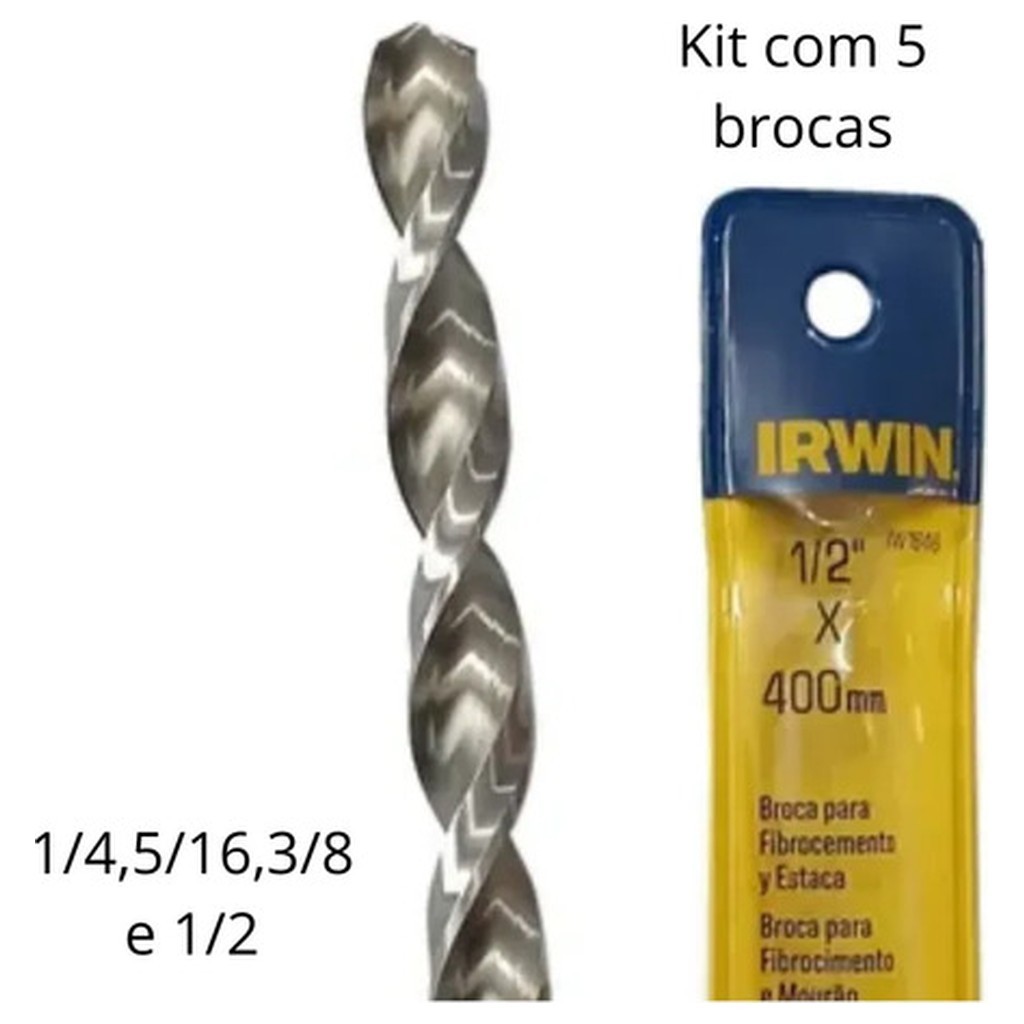 Kit 5 Brocas Fibrocimento Mourão Concreto Irwin 400mm x 12mm Aço Alta Resistência para Furadeira
