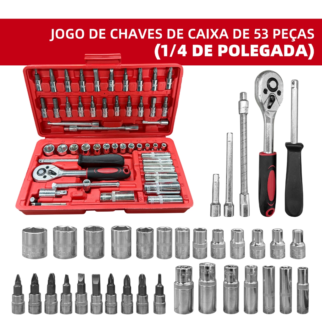 Kit de 53Pcs ferramentas para mecânica automotiva-Complete Professional Tool Kit for Car, Motorcycle, and Home Use.