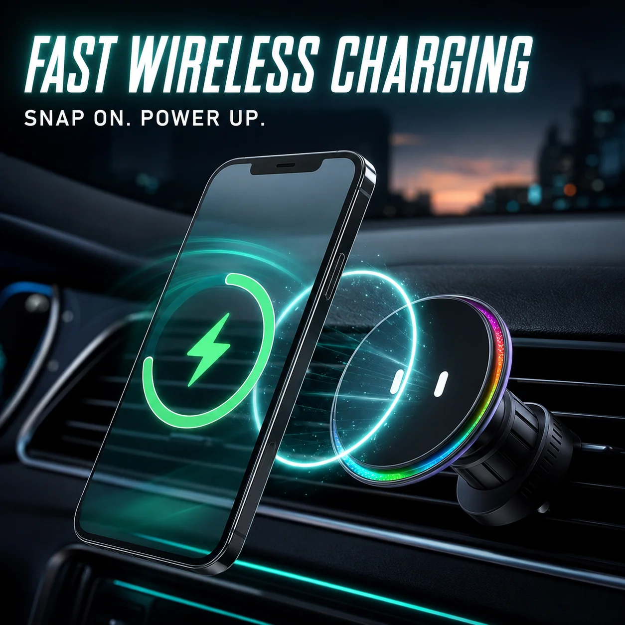 Fast Charging Magnetic Car Phone Holder for MagSafe, AI Blinking Eyes, 9-Color RGB Light, Smart Cooling Wireless Charger Mount