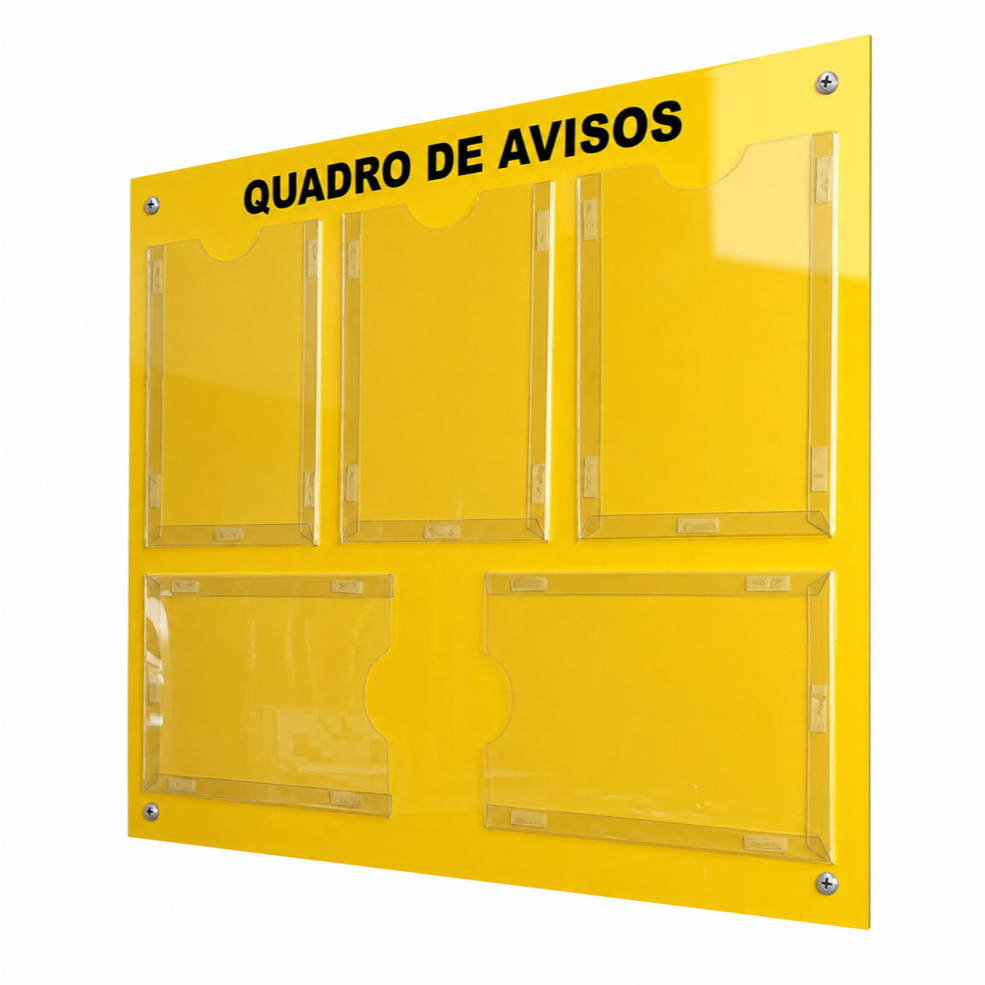 Quadro Avisos Gestão Á Vista Painel Profissional Recados Mural 5 Displays Folhas A4 ACM Amarelo