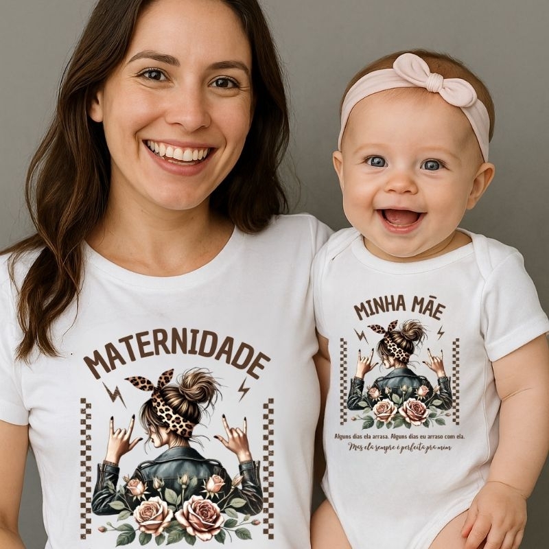 Kit Mãe e Filha | Maternidade rock n roll | maternidade real | 100% algodão. body em algodão egípcio com proteção UV 50