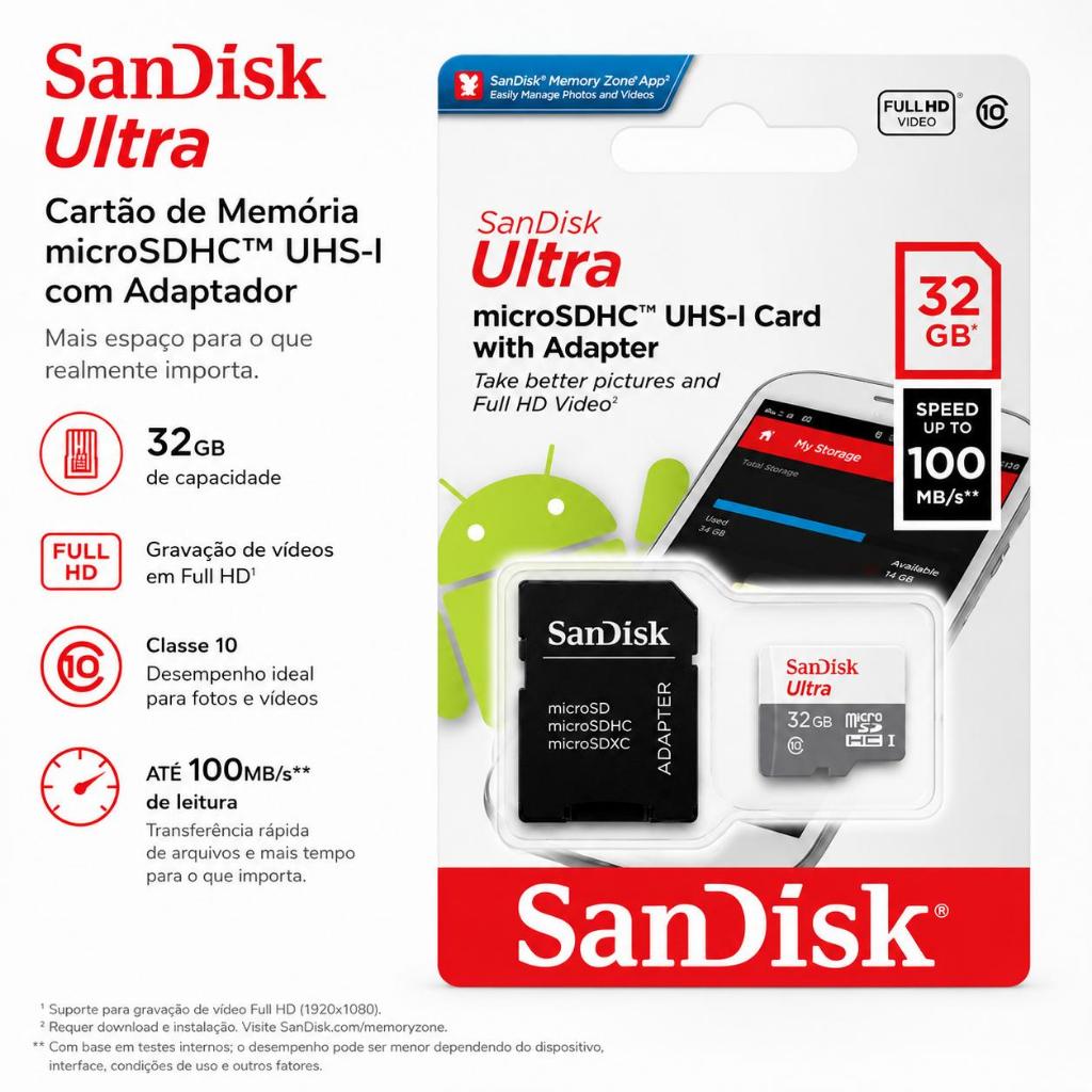 Cartão De Memória Micro SDHC 32GB Classe 10 Com Adaptador Original top