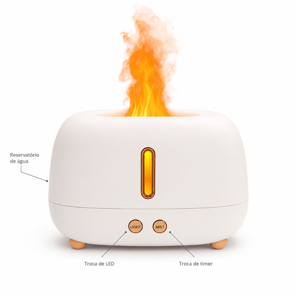 Umidificador De Ar Flame Confortavél Com Efeito De Ar Com LED Ideal Para Quartos, Escritórios, Salas