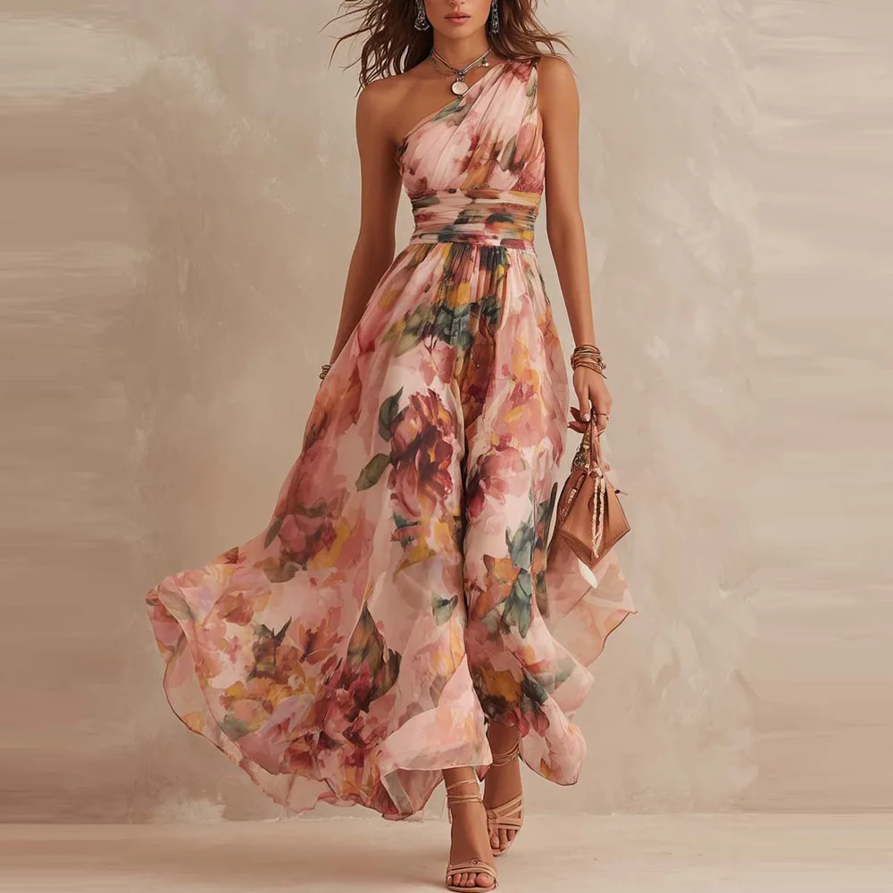 Elegant One Shoulder Sleeveless Dress Digital Print Summer Boho Dresses Asymmetrical Shoulder Print High Waist Long Dresses