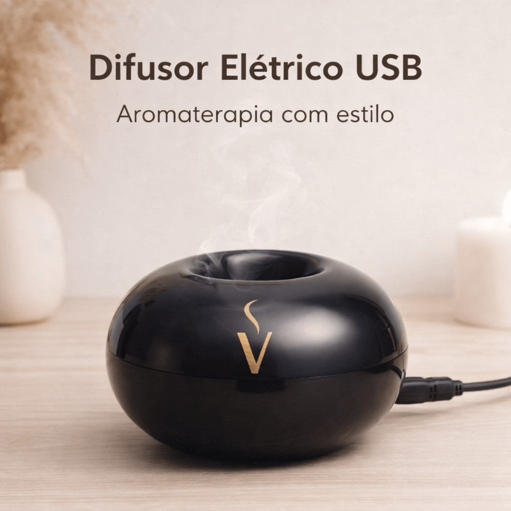 Aromatizador Elétrico Via Aroma USB Preto | Difusor Portátil de Óleos Essenciais Silencioso Compacto