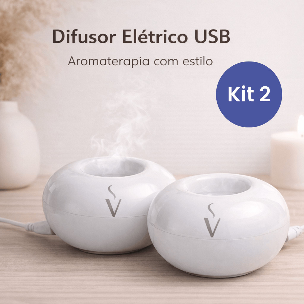 Kit 2 Difusor Elétrico Via Aroma USB Branco Portátil de Óleos Essenciais Silencioso e Compacto