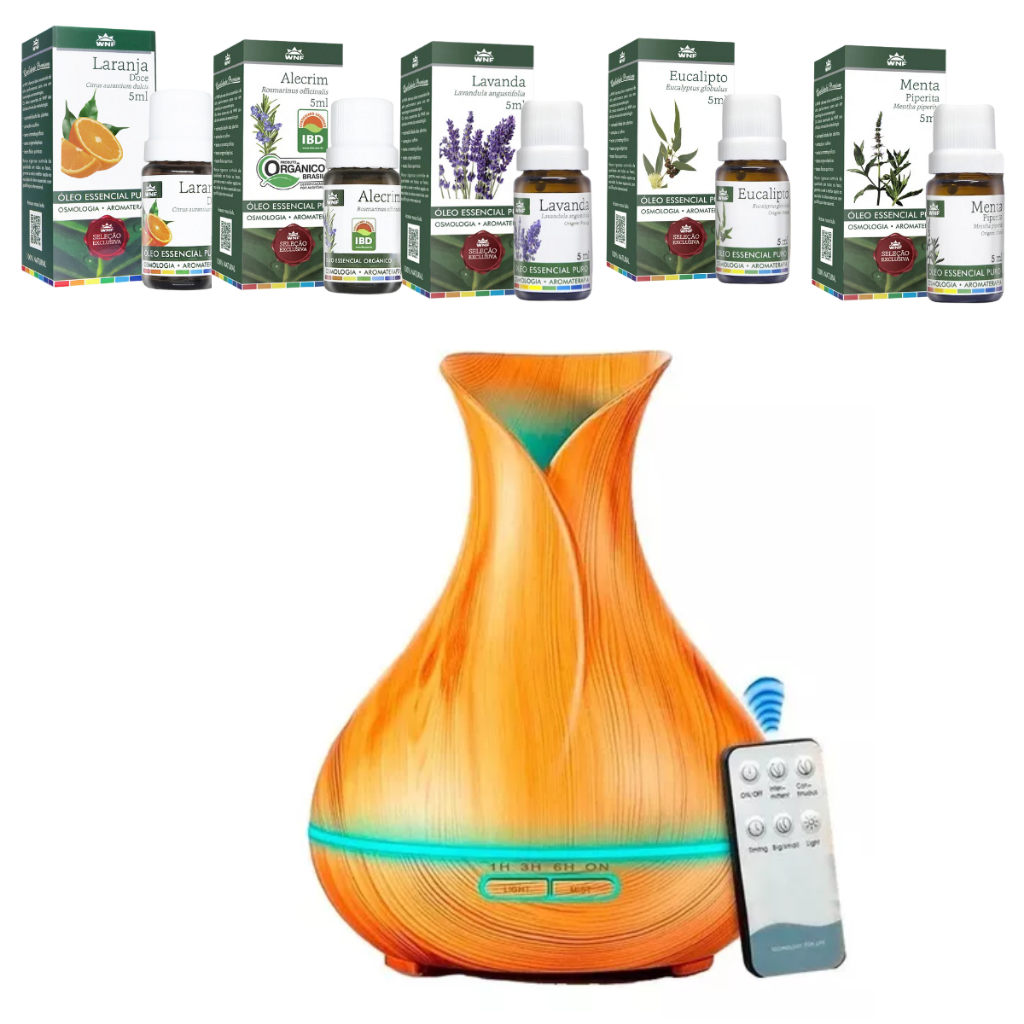 Difusor Ultrassônico De Óleos + Kit 5 Óleos Essenciais Puros - Marrom-claro - 110V/220V
