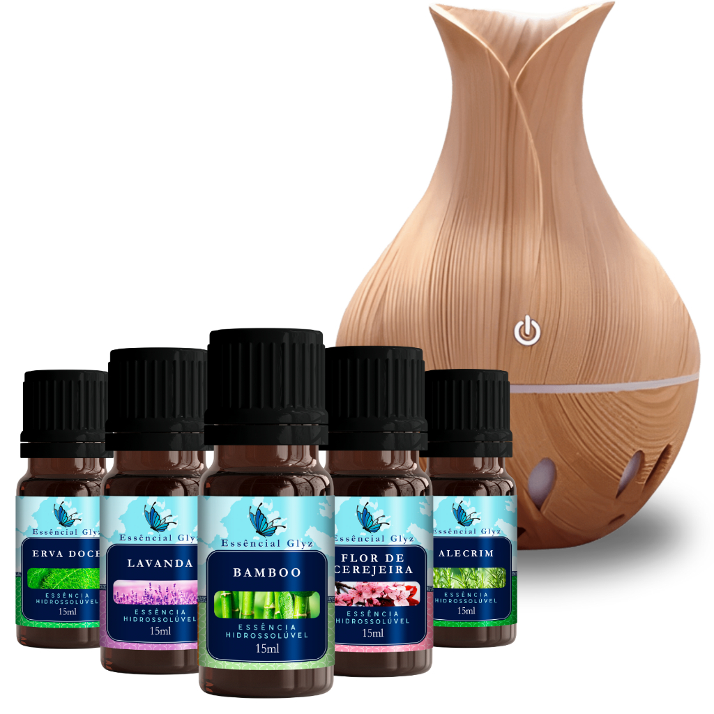 Umidificador Ultrassônico Silencioso + Kit 5 Essências Hidrossoluvel para Aromatizar e Criar um Ambiente Aconchegante