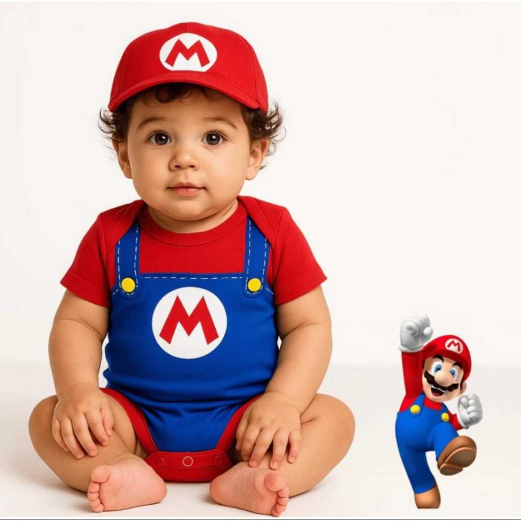 Kit Body SUPER MARIO BROSS  E LUIGI +BOINA + TENIS infantil personagens mesversario Temático Fantasia