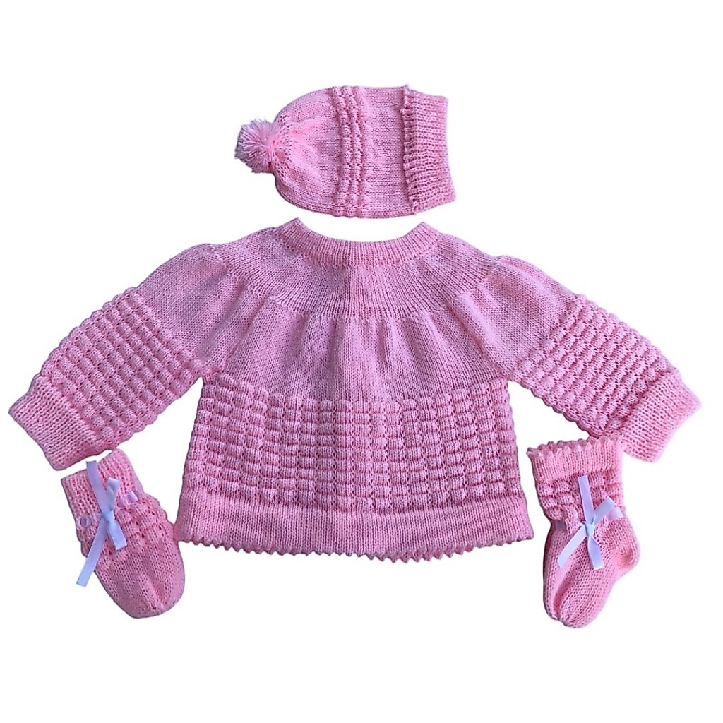 Casaquinho Touca, Luva e Sapato Bebê Tricô Lã Rosa Maternidade Recém Nascido a 3 meses Inverno