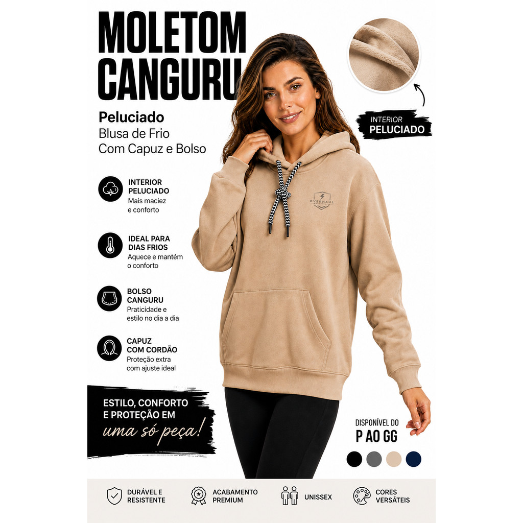 Blusa Moletom Feminina ComCapuz e Bolso Abrigo Casaco Algodão Premium Overhaul