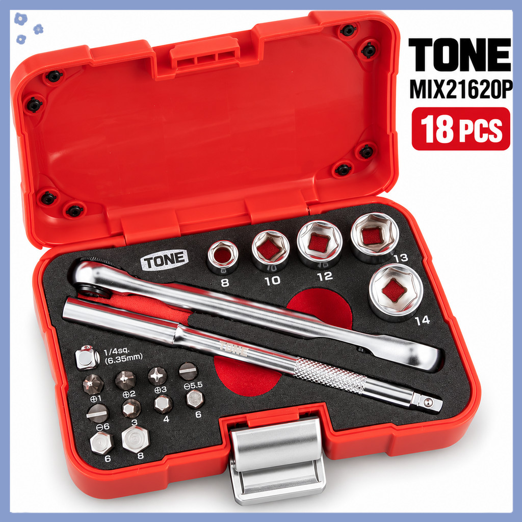 TONE MIX21620P 18-Piece Socket Wrench and Driver Bit Set with Ratchet Handle and Red Plastic Storage Case