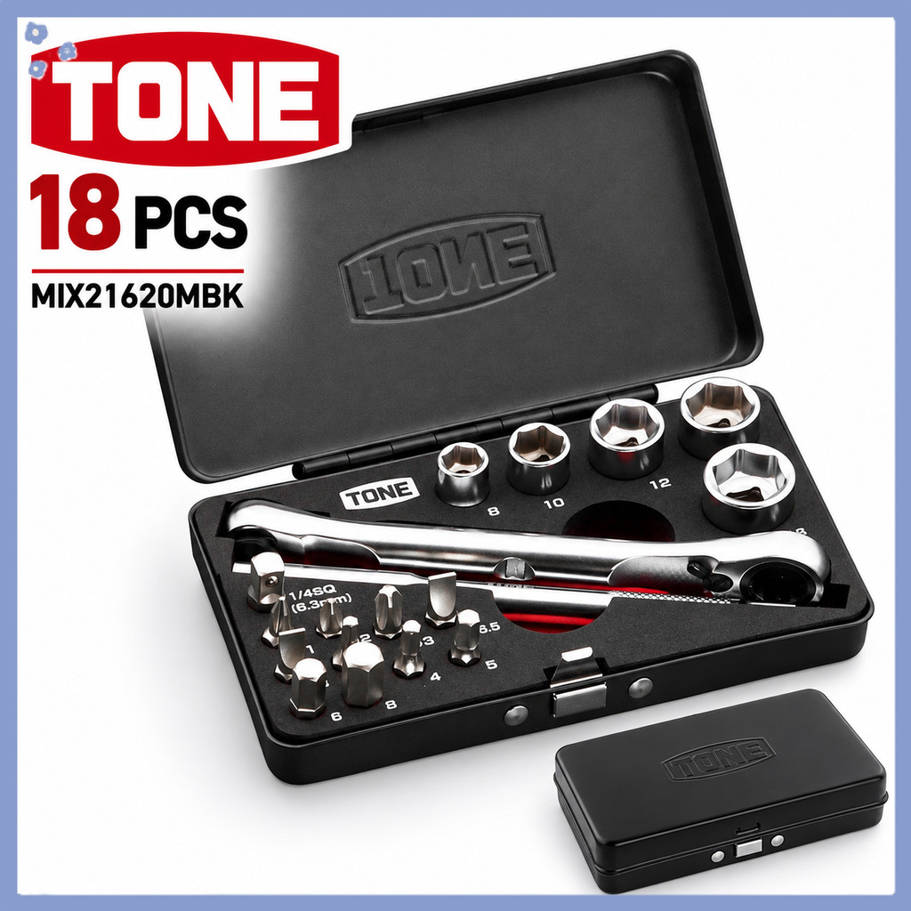 TONE MIX21620MBK 18-Piece Socket Wrench and Driver Bit Set with Ratchet Handle and Black Metal Storage Case