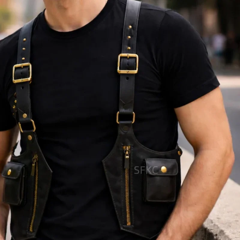 Retro Double Shoulder Leather Underarm Outdoor Bag Adjustable Zipper Pockets Small Universal Steampunk Cosplay Prop Wallet