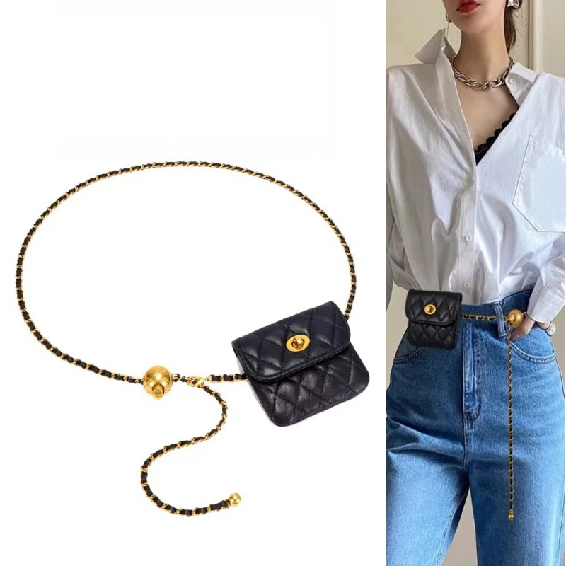 Women's Leather Slanting Belt Bag Detachable Adjustable Chain Strap Shoulder Bag Fashion Wallet Hanging Pouch Belt Bag