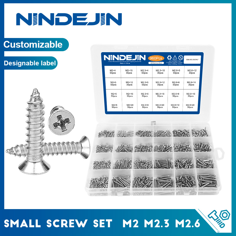 960 Pçs/Set Cruz Cabeça Plana Micro Mini Parafuso Conjunto De Aço Inoxidável M2 M2.3 M2.6 Auto Rosqueamento Pequeno Kit