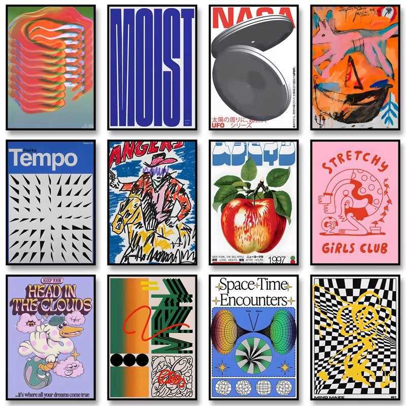 Quadro Abstrato Vintage Retro – Arte Geométrica Mid-Century em Tela para Sala, Bar e Lounge