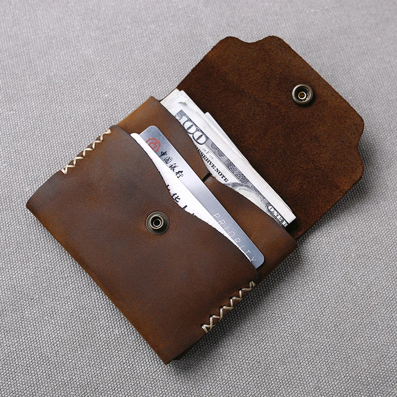 New Item Handmade Small Wallet for Men Vintage Crazy Horse Leather Wallet Minimalist Card Holder Wallet Personalized Gifts