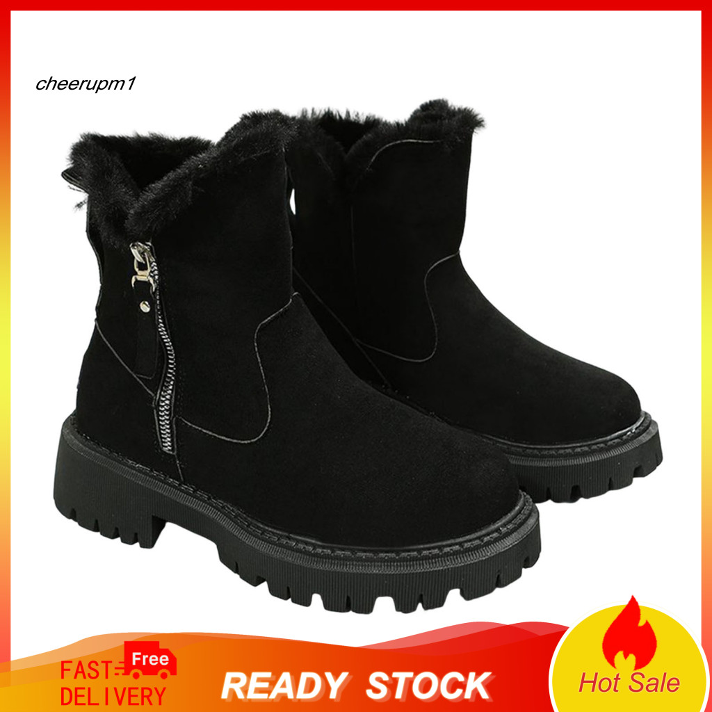 Rubber Sole Short Boots Anti-slip Winter Women’s Ankle Faux Suede Warm with Fuzzy Cuffs Thick Soles Side Zipper Round