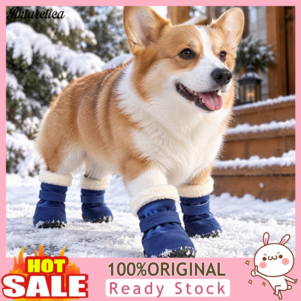 Dog Winter Boots Non Slip Pet Shoes 4pcs Booties with Fleece Lining Warm Adjustable Non-slip Paw Protectors for Weather