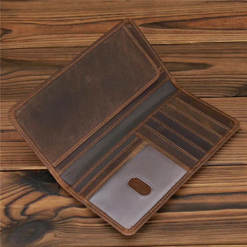 Men's Crazy Horse Leather Long Wallet Head Layer Leather Leather Retro Card Bag Multi Functional