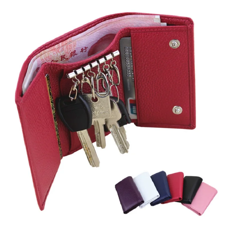 Genuine Cow Leather Men & Women Key Case Bag Pouch Multi Function Key Chain Wallet Fashion Housekeeper Holders 6 Key Rings