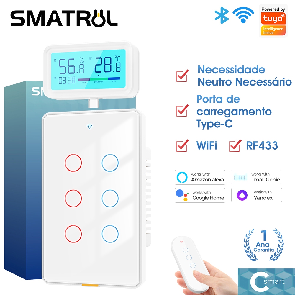 SMATRUL Interruptor de Parede Inteligente WiFi 6 Gangues - Controle de Voz e APP, Design de Vidro Temperado