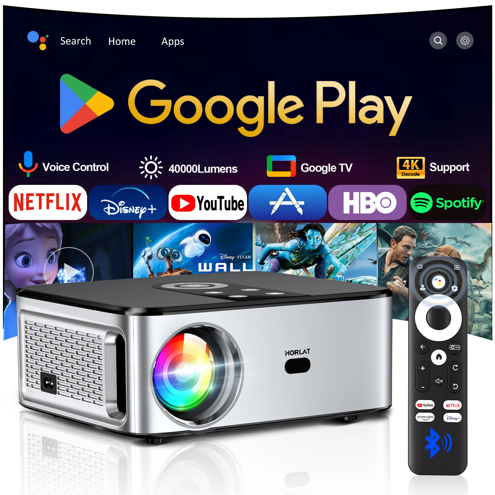 HORLAT Official Google TV Projector 2000ANSI Bluetooth Voice Control Auto Focus WiFi 6 4K HD Beamer Home Theater Movie Projector