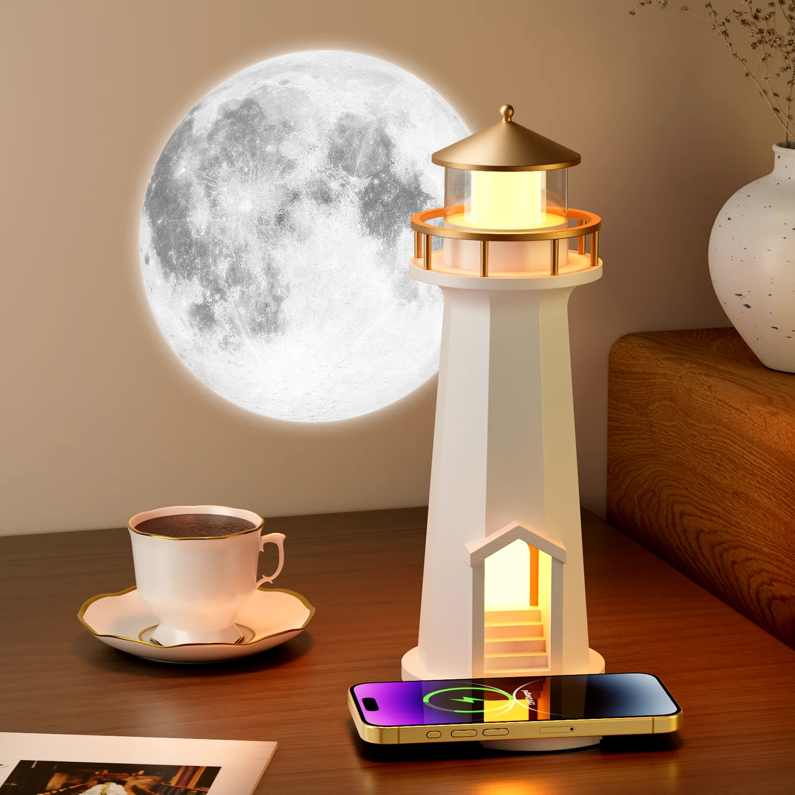 Moon Lighthouse Night Light Bluetooth Speaker Wireless Charger Bedroom Atmosphere Lamp Home Decor Moon Projector Lamp Gift