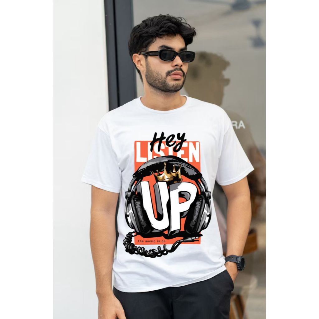 Camiseta masculina HEY LISTEN UP camisa moda masculina 100%algodão super confortável e estilosa