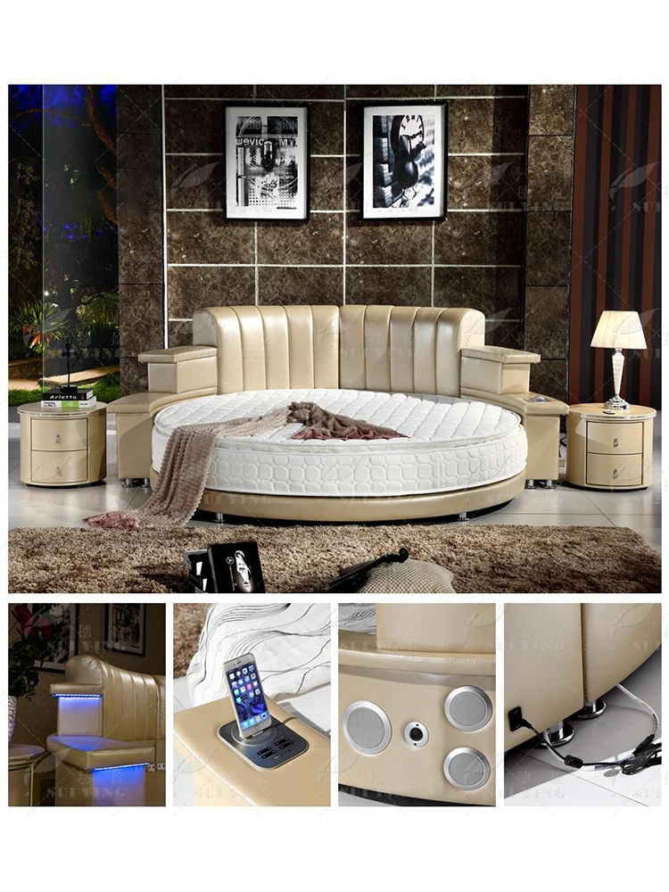 Linlamlim Nordic Genuine Leather multifunctional round Bed Frame with LED Light Bluetooth Speaker iPhone Charge USB Ultimate Bed