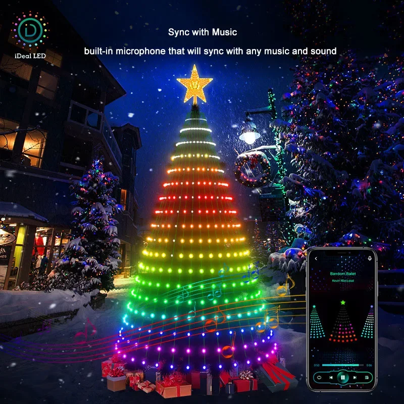 Christmas Tree RGB Lamps APP Multicolor LED Star String Light Waterfall Xmas APP Bluetooth Lamp Home Yard Holiday Decor