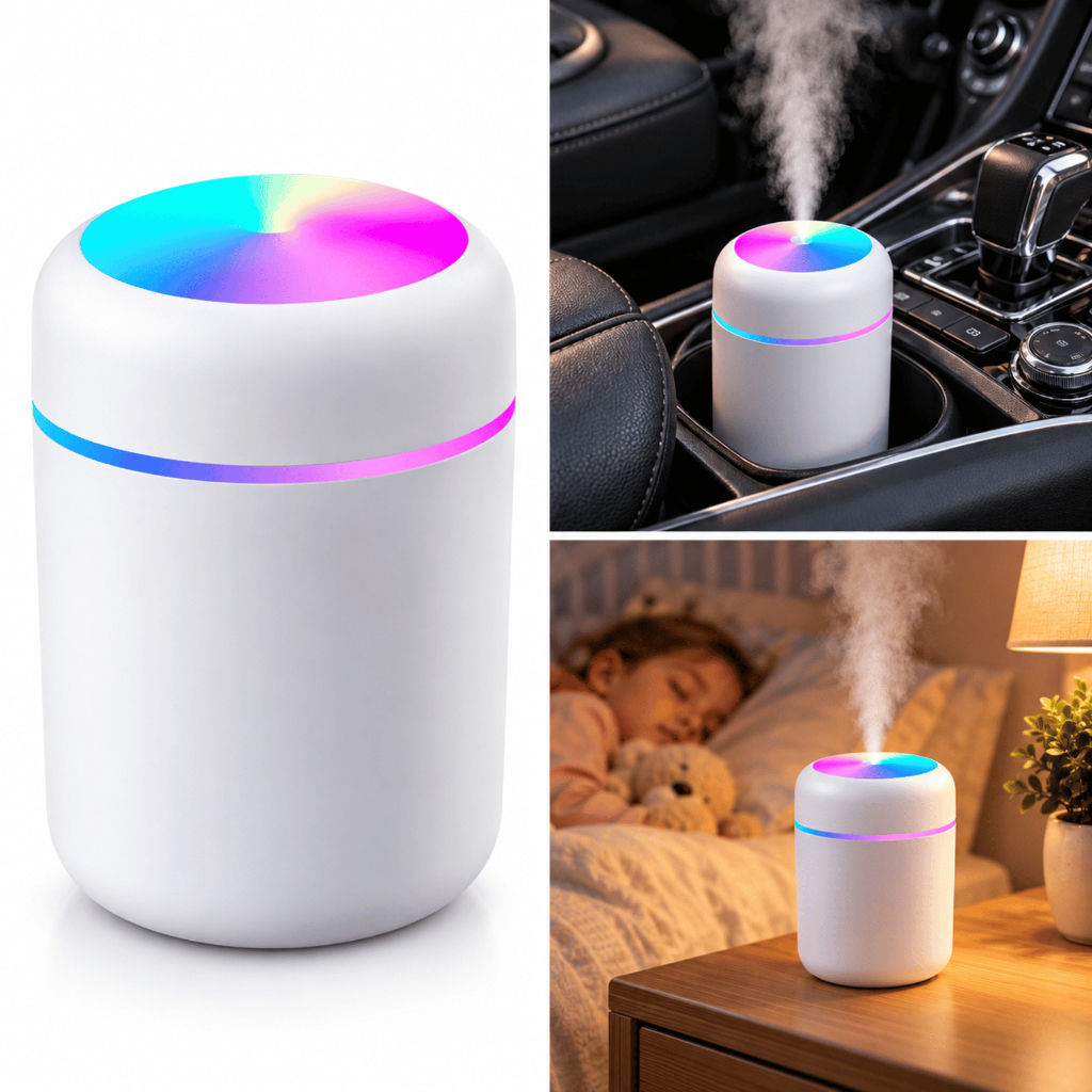 Umidificador de Ar 300ml com LED Aromatizador USB 2 Filtros Silencioso Quarto Home Office