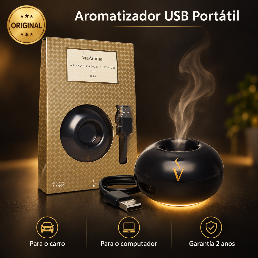 Aromatizador USB Portátil Via Aroma Preto Difusor de Aromas para Carro Computador Home Office Viagem