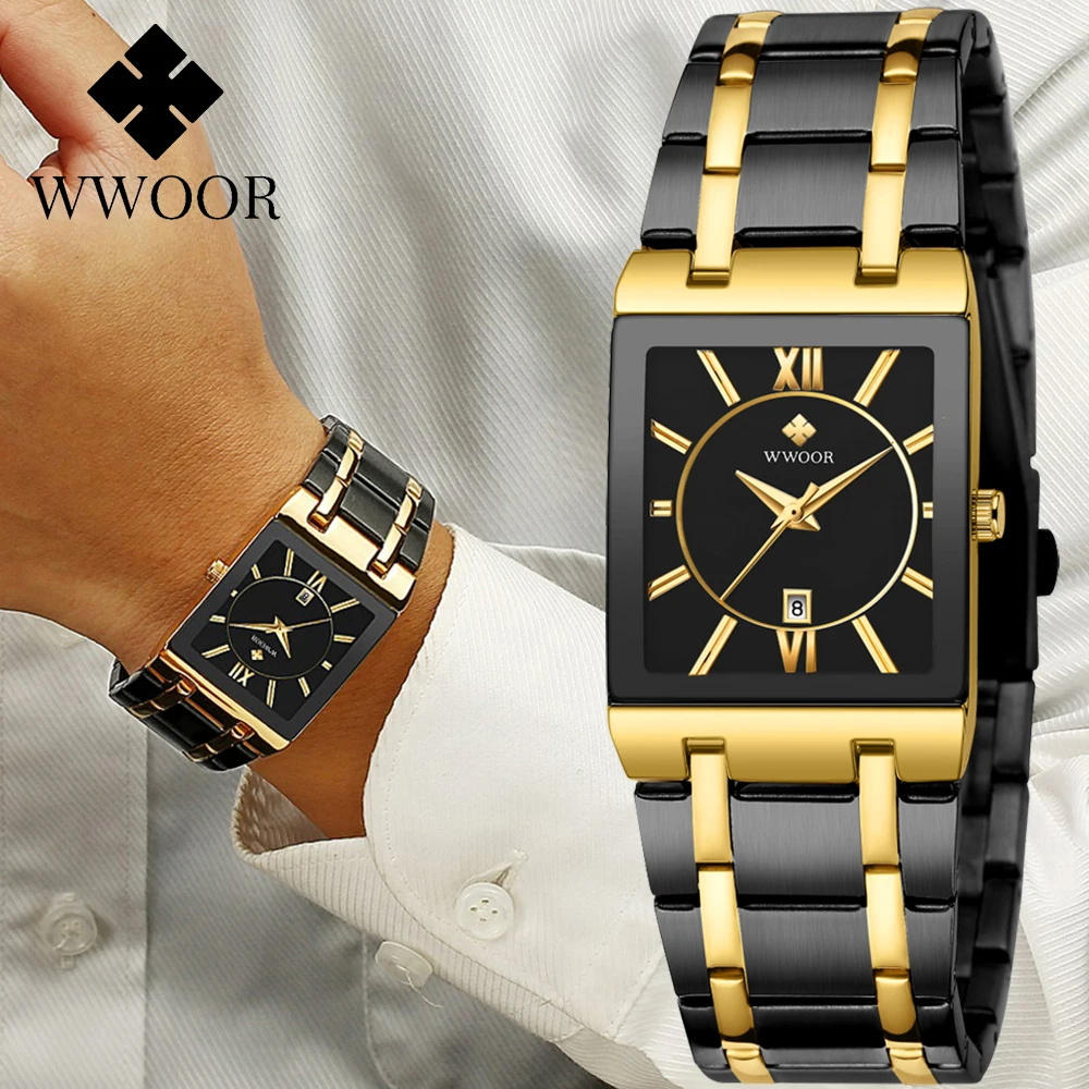 WWOOR Brand Luxury Gold Bracelet Men's Watches Fashion Square Quartz Wrist Watch For Men Stainless Steel Waterproof Reloj Hombre