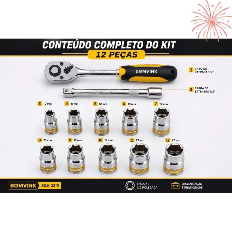 12 pedaços profissionais de conjunto de chaves de socket de ratchet placado em cromo, com chave de ratchet reversível de