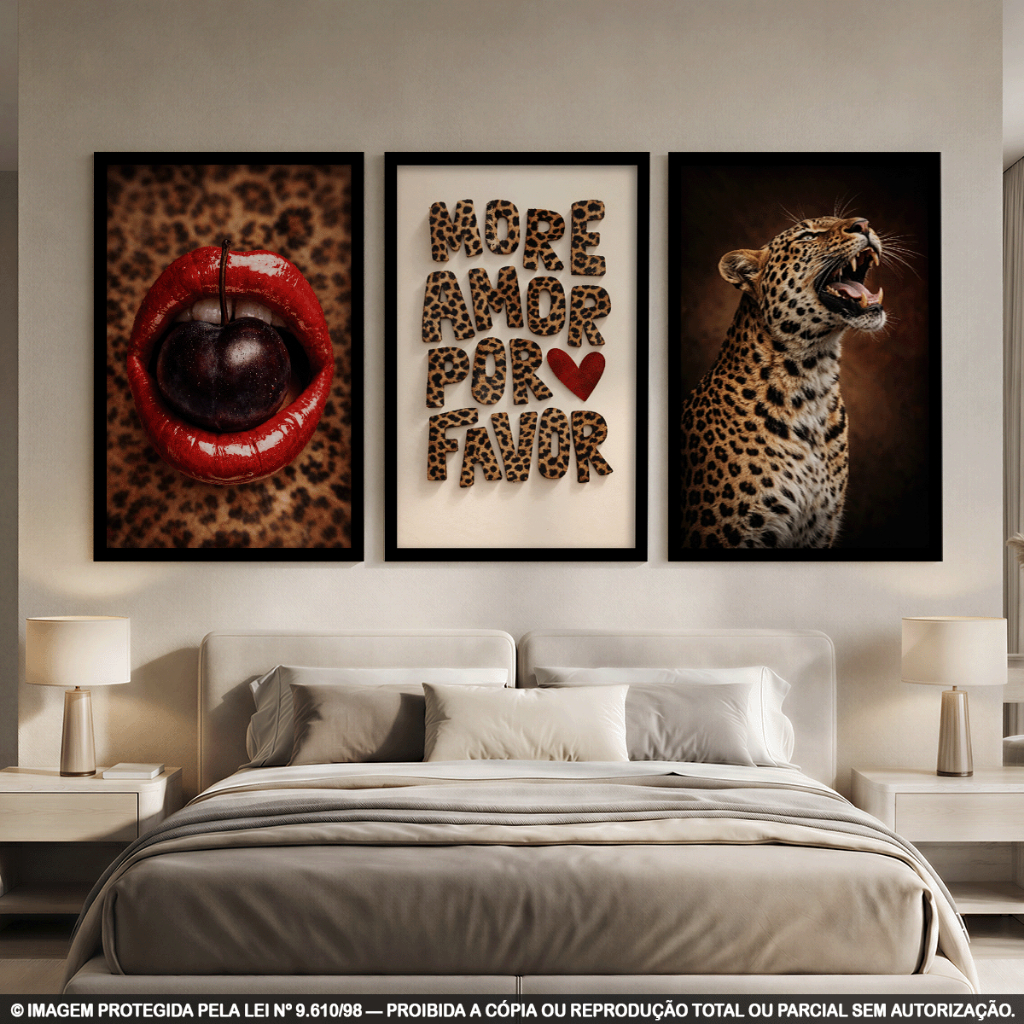 Kit 3 Quadros Decorativos Onça More Amor Por Favor Estilo Fashion para Sala