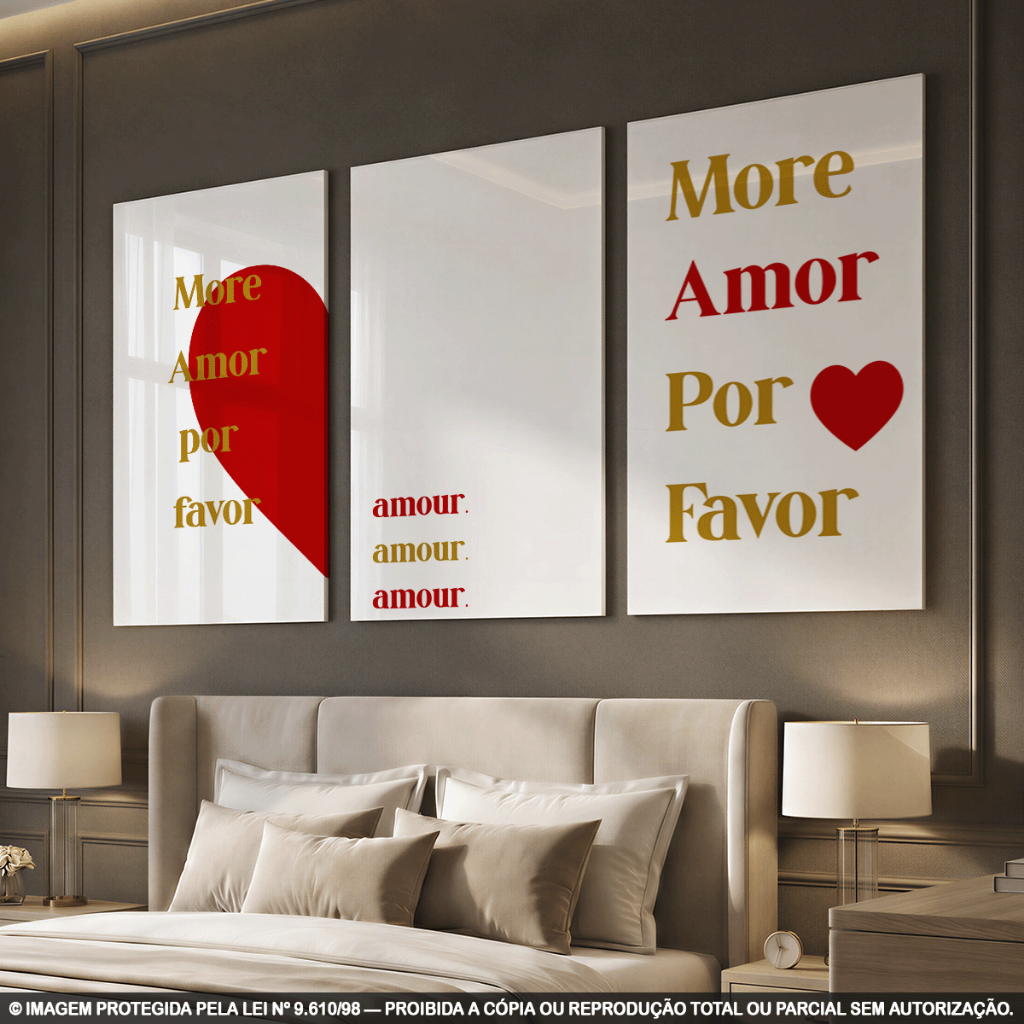 Kit 3 Quadros Decorativos More Amor Por Favor com Coração para Sala e Quarto