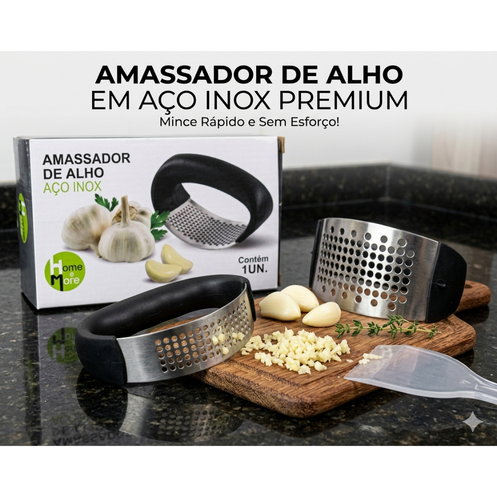 AMASSADOR DE ALHO MANUAL AÇO INOX + CABO PLÁSTICO - 14CM X 5CM - HOME&MORE