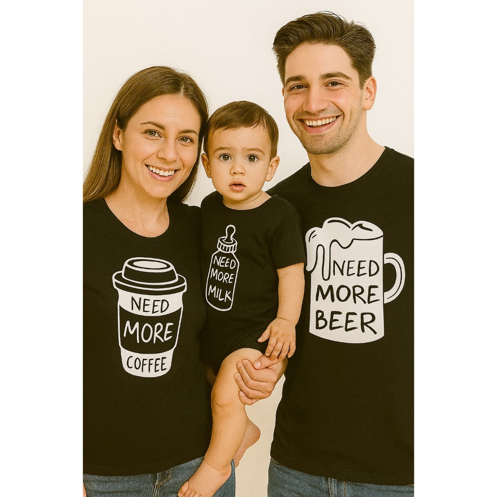 Kit de Camisetas para a Família Tal Pai, Tal Mãe,tal Filho (a) Need More Coffee Milk Beer Camisetas Personalizadas PRETA