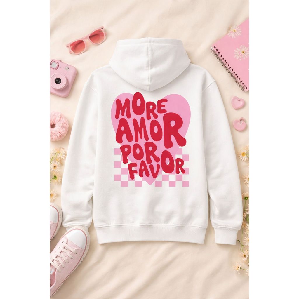Moletom Feminino Canguru Estiloso Confortável Com Capuz e Bolsos Flanelado Estampa More Amor Por Favor