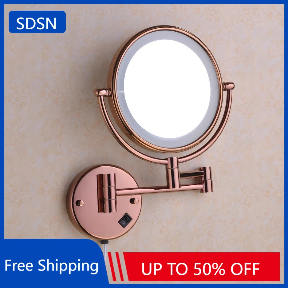 Rose Gold Led Folding Bathroom Mirror Wall Mounted Lighted Home Hotell Bathroom Makeup Mirror 5X Magnifying Plug Bath Mirrors