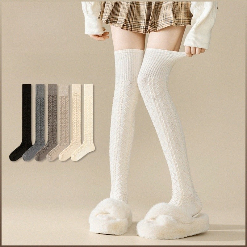 [Design Vintage] 3D Embossed Texture Women's Knee High Socks Japanese Style Thickened Winter Thigh High Cotton Blend Mei